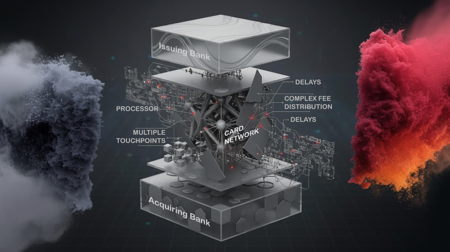 Abstract visualization of traditional card network infrastructure, multiple intermediary layers stacked vertically representing processor, card network, issuing bank, acquiring bank, grayscale with heavy geometric shapes showing complex fee distribution across 2-3% total, dense interconnected nodes suggesting multiple touchpoints and delays