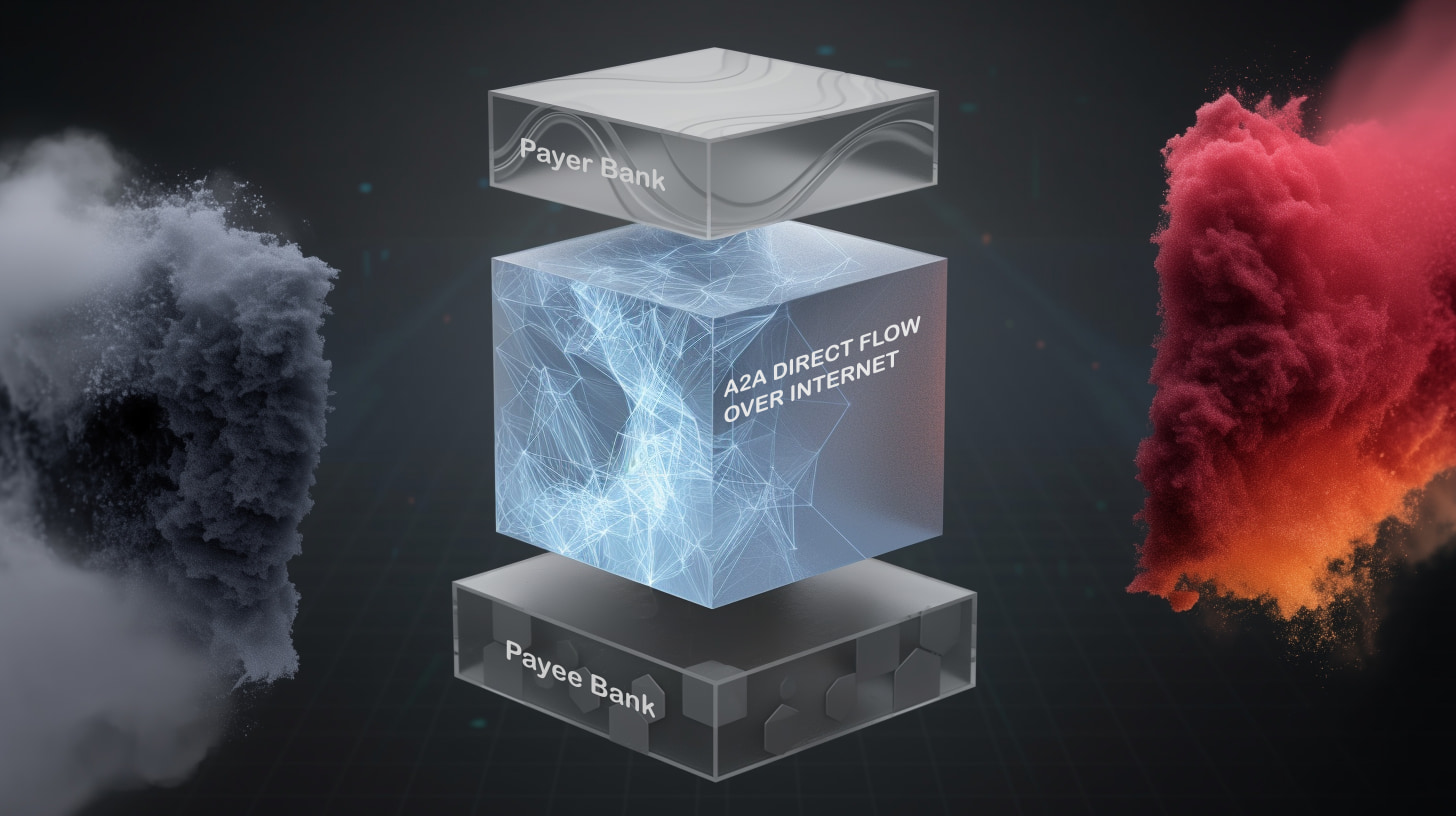 Abstract direct payment flow visualization, clean single pathway connecting two points representing bank-to-bank transfer, grayscale with blue accent line showing 0.5% cost, minimal geometric design with open space suggesting instant settlement and transparency, streamlined architecture with no intermediaries