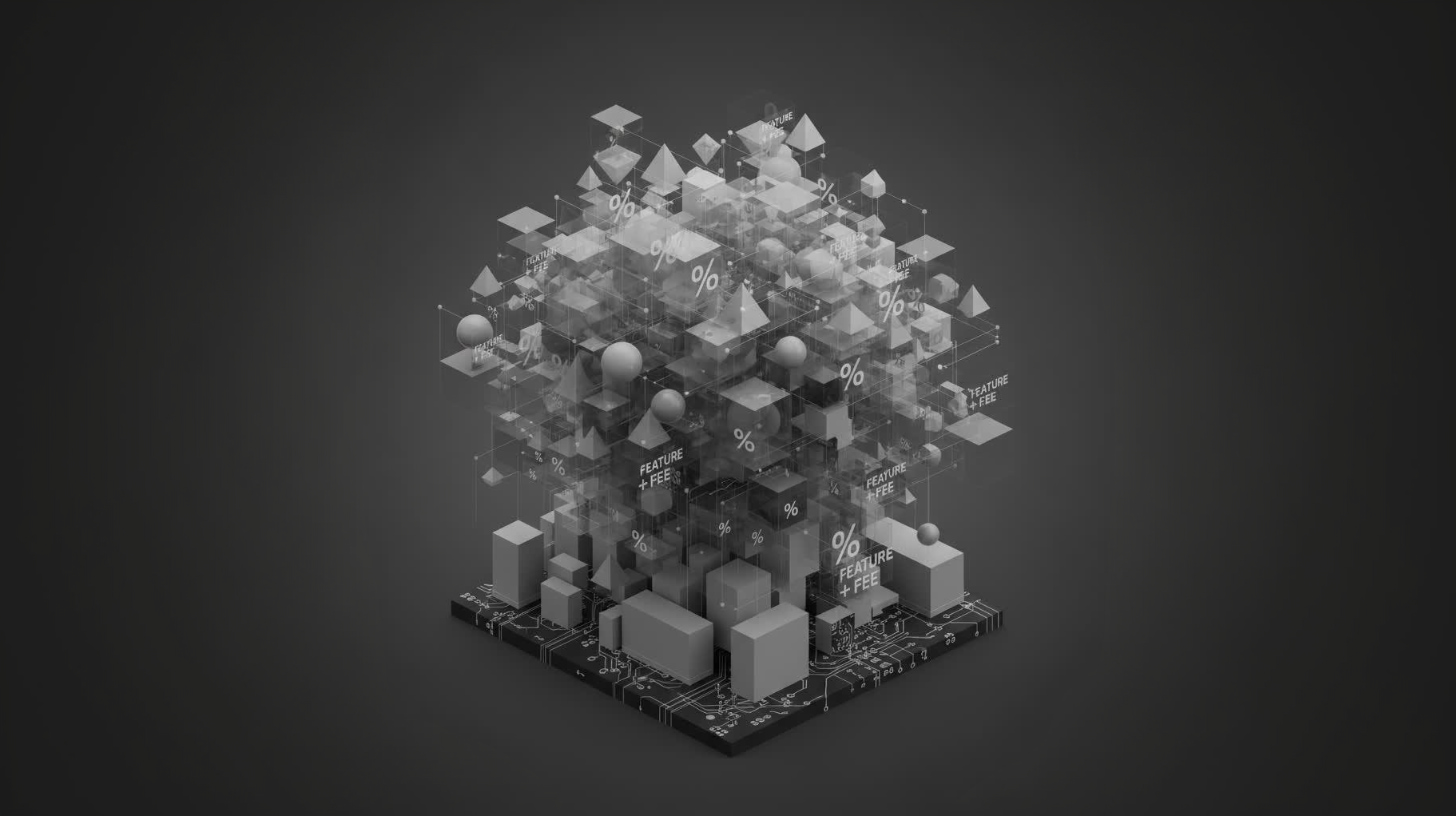 Abstract visualization of enterprise payment complexity with Adyen, layered platform architecture with interconnected card network dependencies, grayscale with multiple geometric shapes representing 0.6-1.0% plus feature fees, dense technical infrastructure suggesting complex integration and multiple cost layers