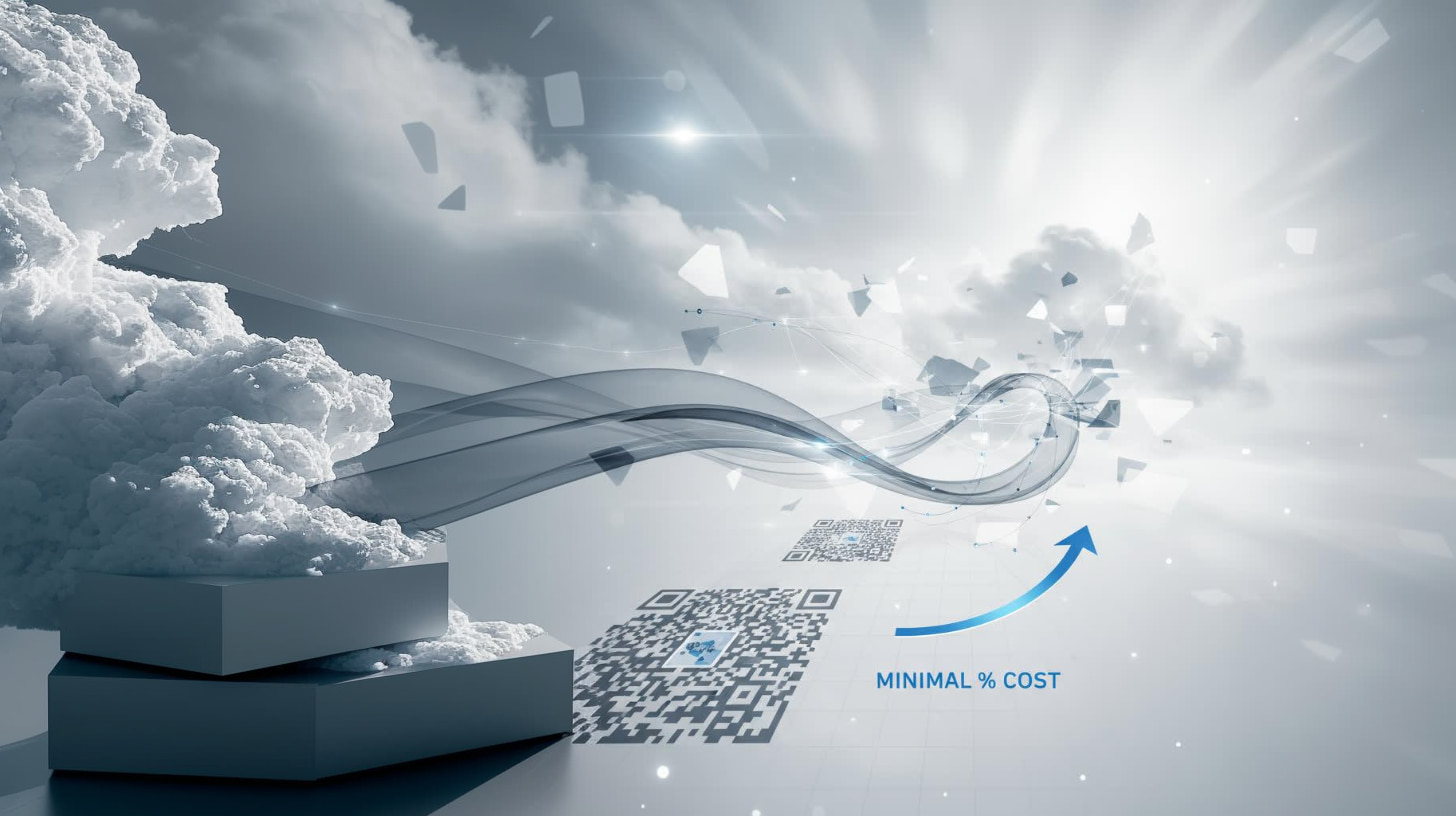 Abstract streamlined small business setup, clean QR code pattern with minimal 0.5% cost line, grayscale with blue accent, open airy composition suggesting freedom and efficiency, no hardware needed