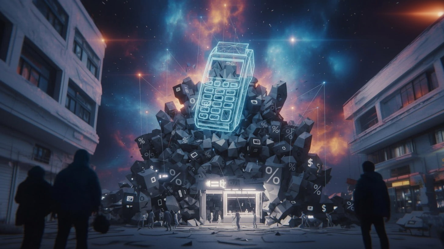 Abstract visualization of small business burden with Square, card reader device outline with stacked fee layers, grayscale with heavy geometric shapes representing 2.9% fees plus hardware costs, dense clustered elements