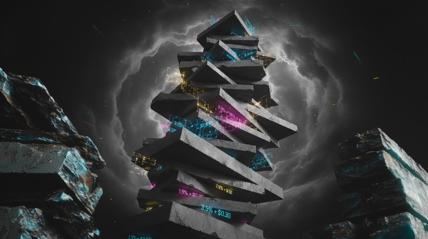 Abstract visualization of high transaction costs, heavy layered geometric shapes stacking up representing 2.9% plus $0.30 fixed fees, grayscale with dark shadows suggesting weight and complexity of card processing fee structures, multiple dense layers representing per-transaction costs